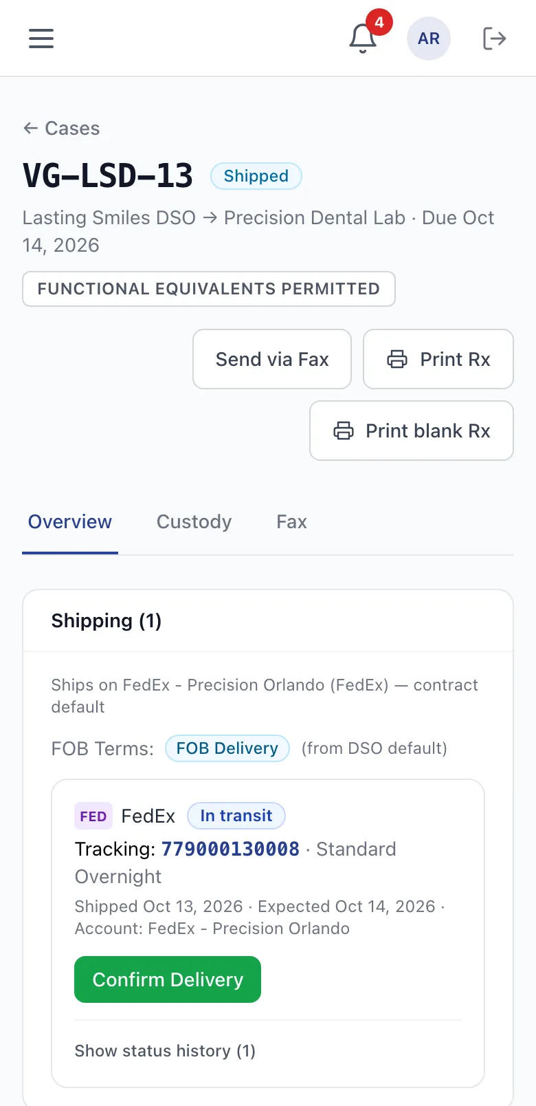 The same case on a phone: shipped by FedEx, in transit, with a Confirm Delivery button. Demo data.